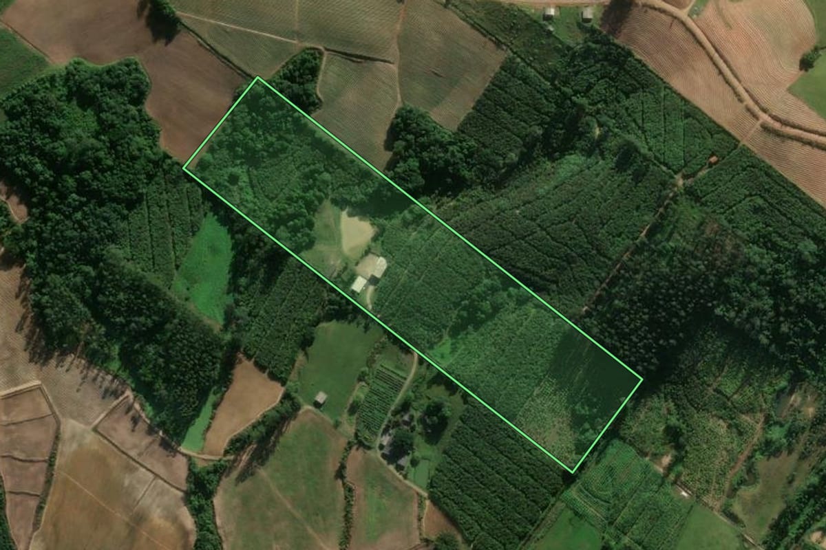 Imagem de satélite do imóvel rural em Jacinto Machado (SC), com o contorno declarado no CAR desenhado por cima.