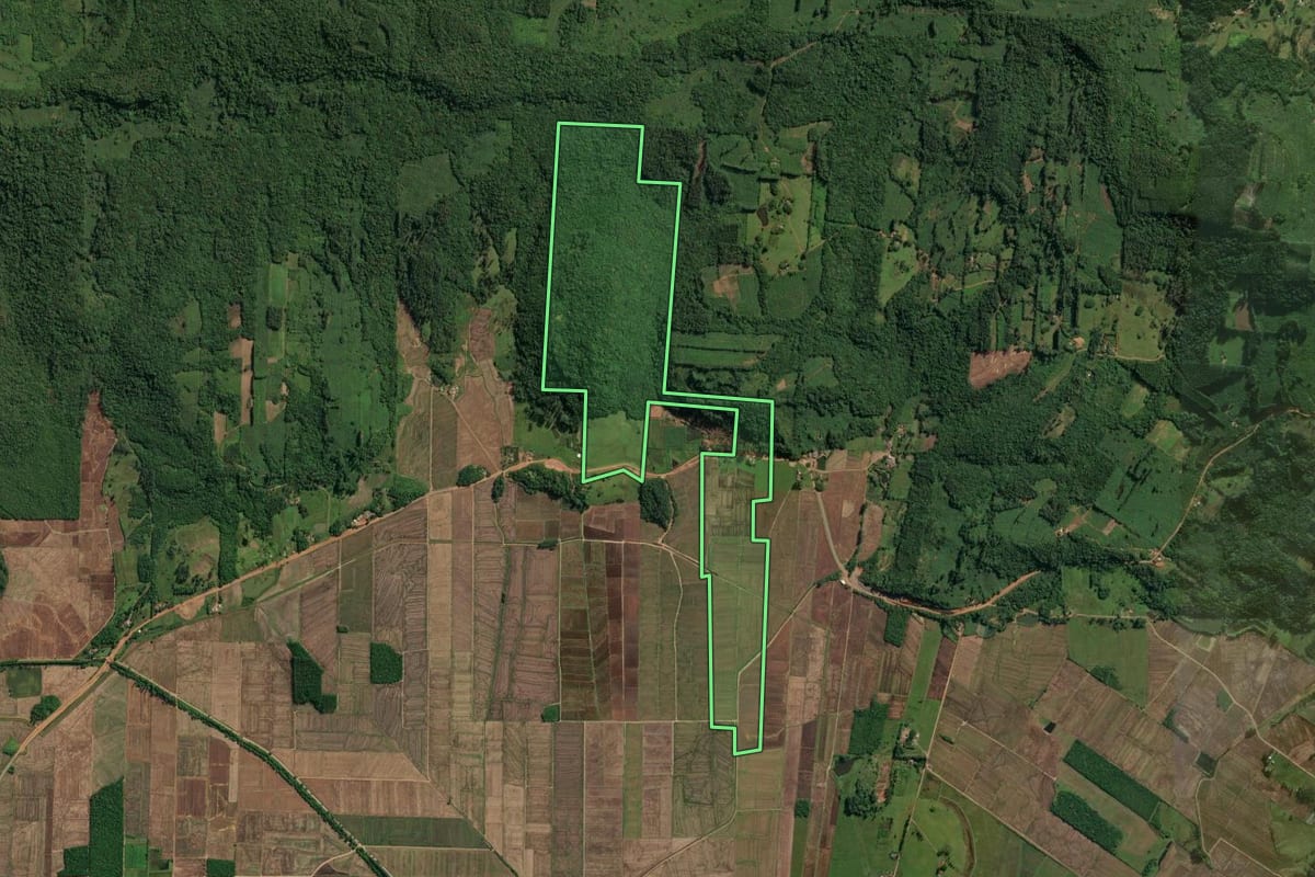 Imagem de satélite do imóvel rural em Jacinto Machado (SC), com o contorno declarado no CAR desenhado por cima.