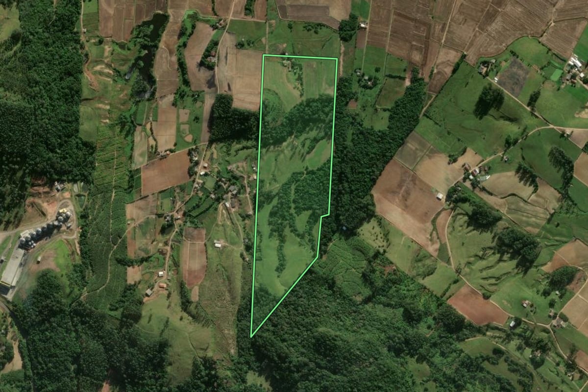 Imagem de satélite do imóvel rural em Jacinto Machado (SC), com o contorno declarado no CAR desenhado por cima.