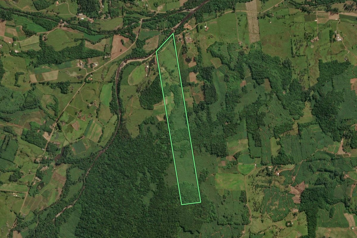 Imagem de satélite do imóvel rural em Jacinto Machado (SC), com o contorno declarado no CAR desenhado por cima.