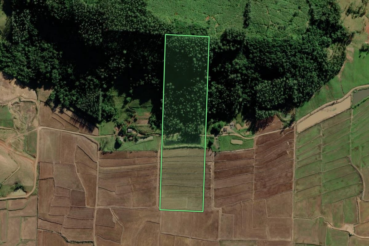 Imagem de satélite do imóvel rural em Jacinto Machado (SC), com o contorno declarado no CAR desenhado por cima.