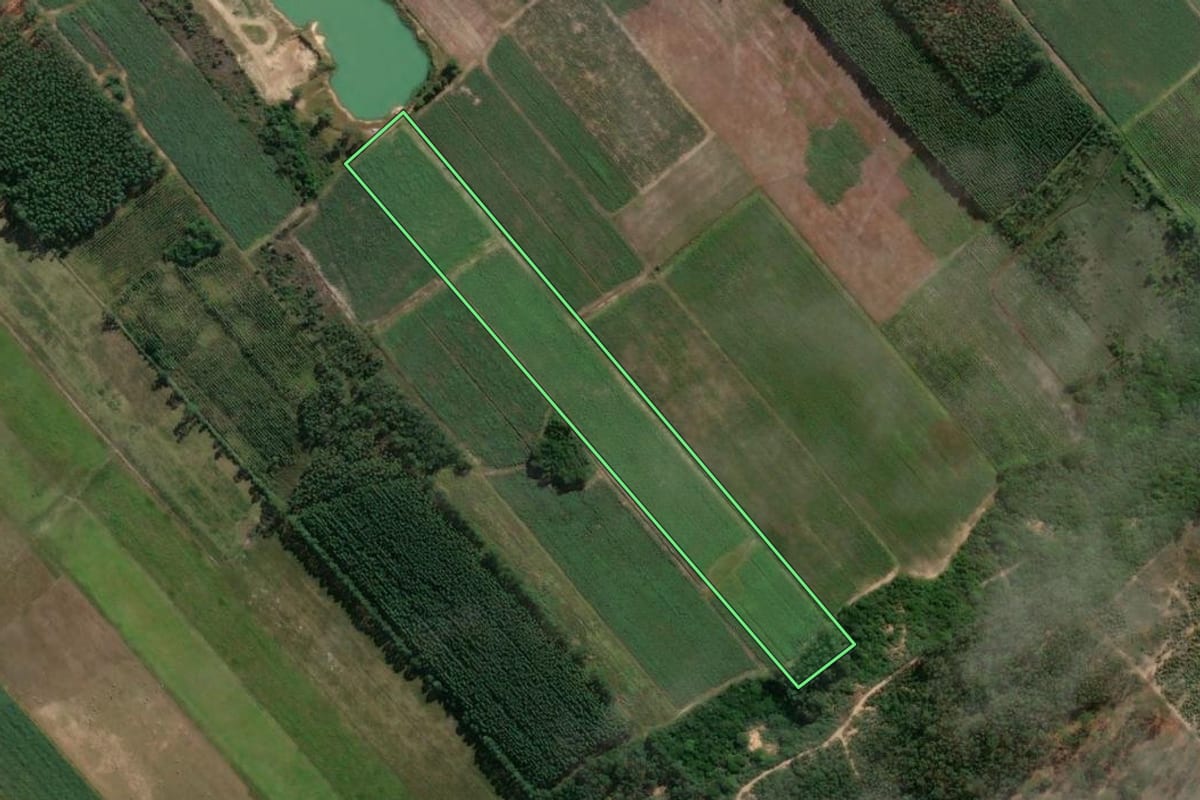 Imagem de satélite do imóvel rural em Jaguaruna (SC), com o contorno declarado no CAR desenhado por cima.