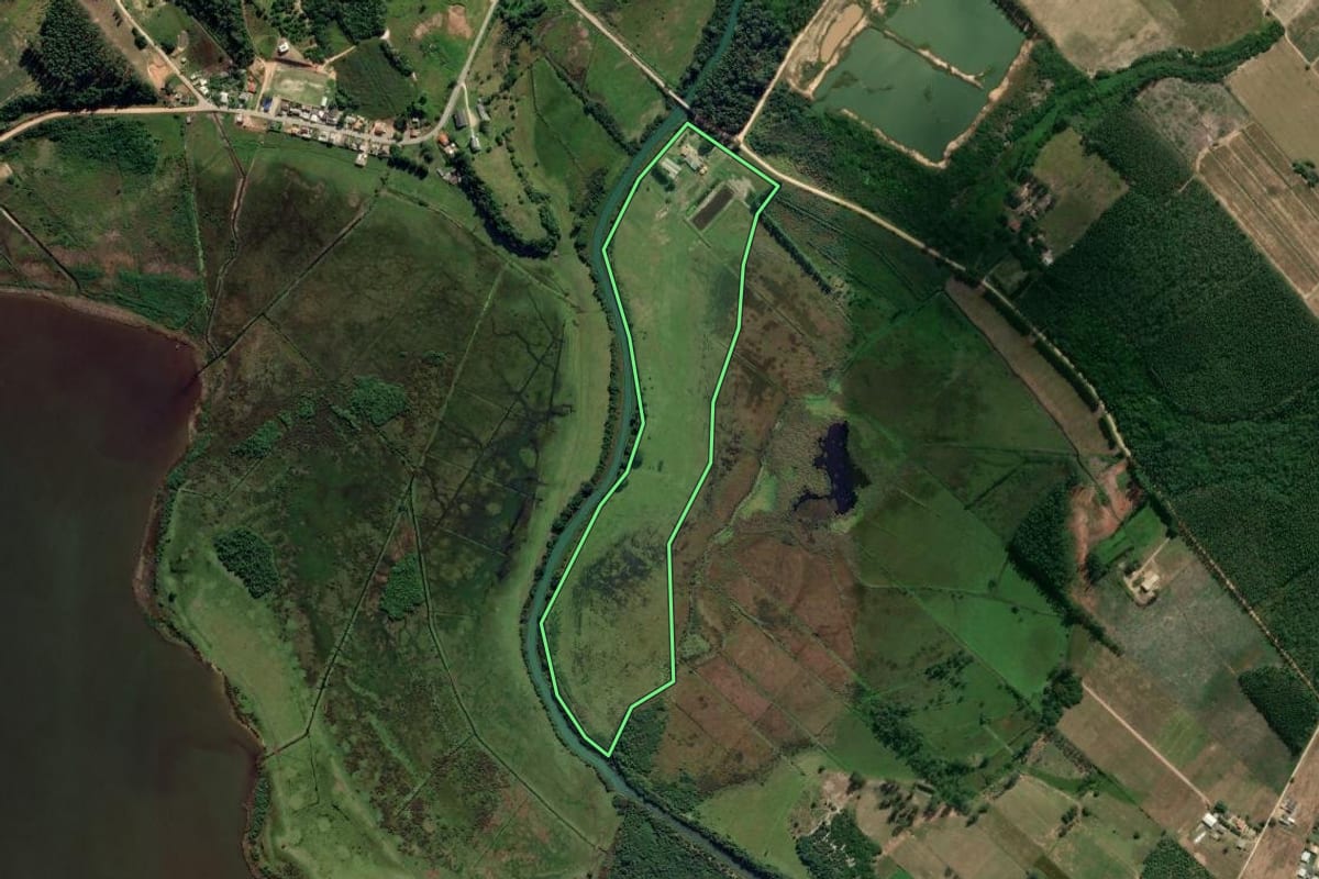 Imagem de satélite do imóvel rural em Jaguaruna (SC), com o contorno declarado no CAR desenhado por cima.