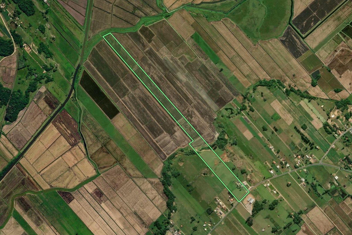 Imagem de satélite do imóvel rural em Jaguaruna (SC), com o contorno declarado no CAR desenhado por cima.