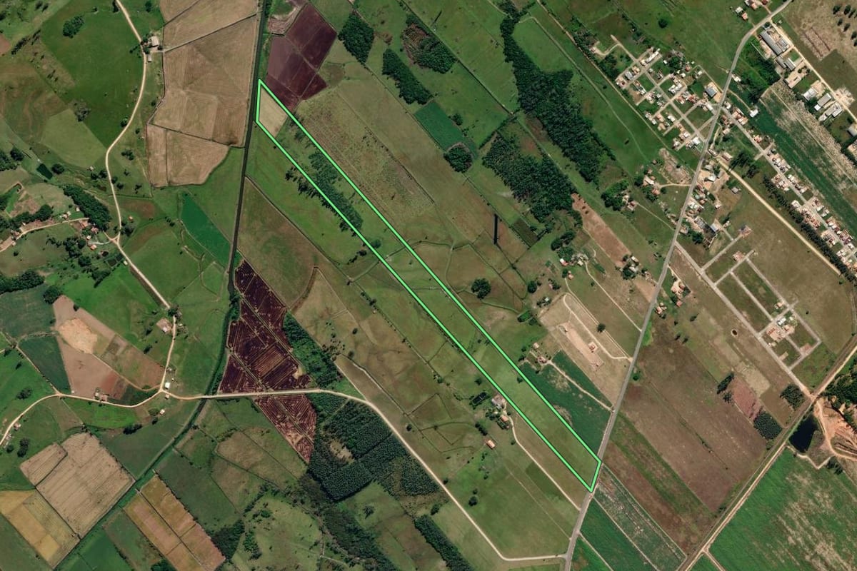 Imagem de satélite do imóvel rural em Jaguaruna (SC), com o contorno declarado no CAR desenhado por cima.