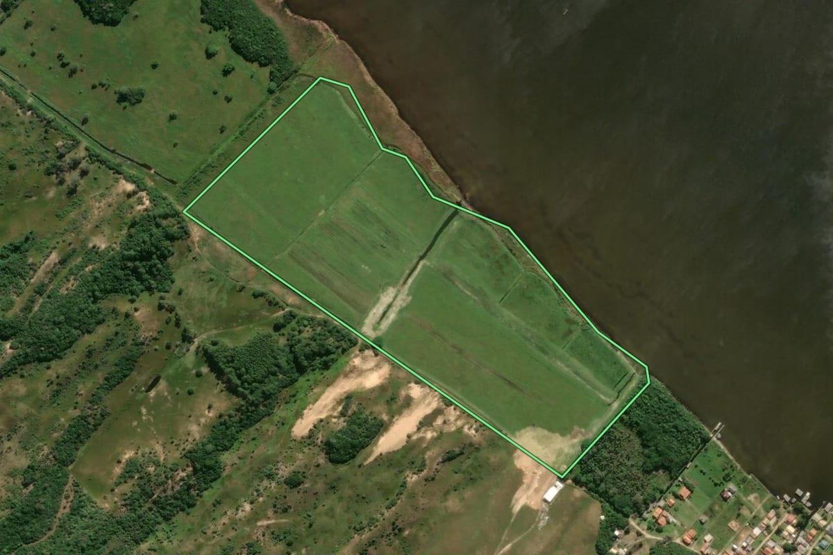Imagem de satélite do imóvel rural em Jaguaruna (SC), com o contorno declarado no CAR desenhado por cima.