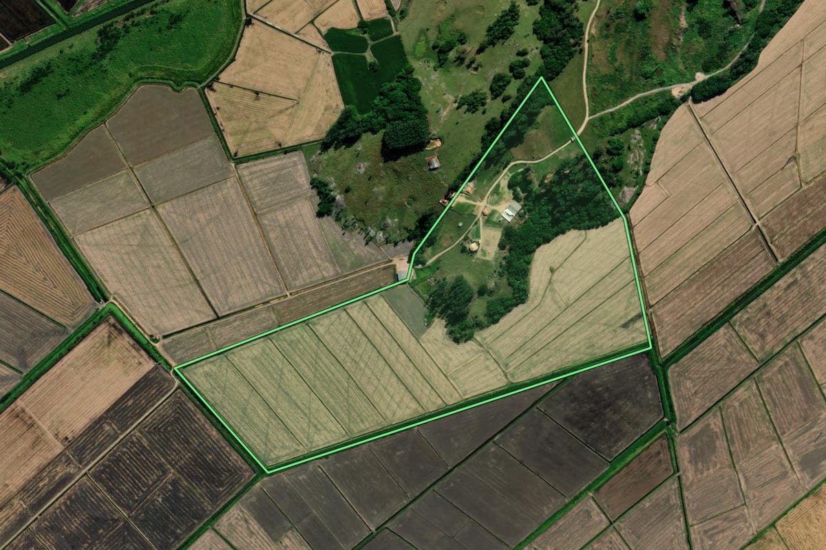 Imagem de satélite do imóvel rural em Jaguaruna (SC), com o contorno declarado no CAR desenhado por cima.
