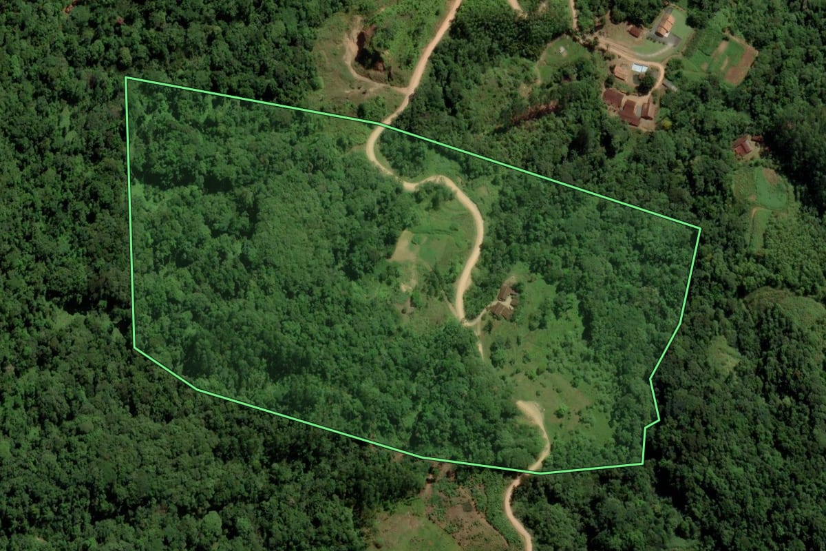 Imagem de satélite do imóvel rural em Jaraguá do Sul (SC), com o contorno declarado no CAR desenhado por cima.