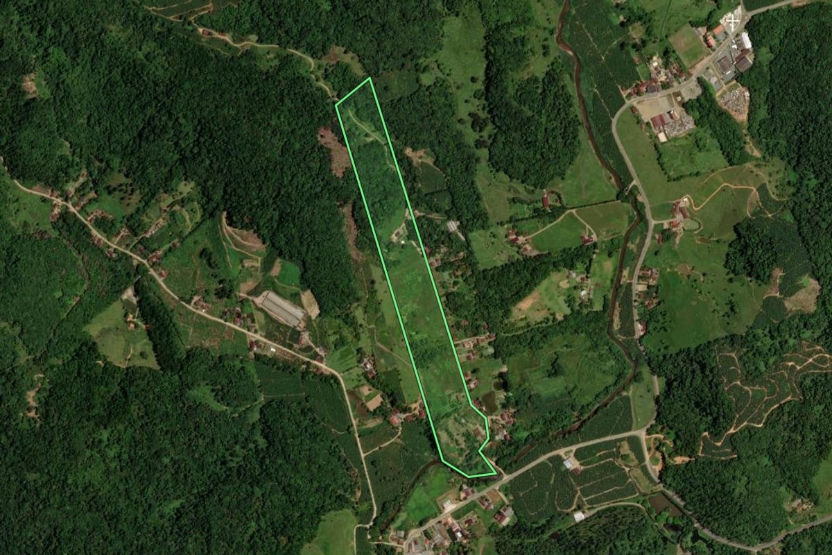 Imagem de satélite do imóvel rural em Jaraguá do Sul (SC), com o contorno declarado no CAR desenhado por cima.