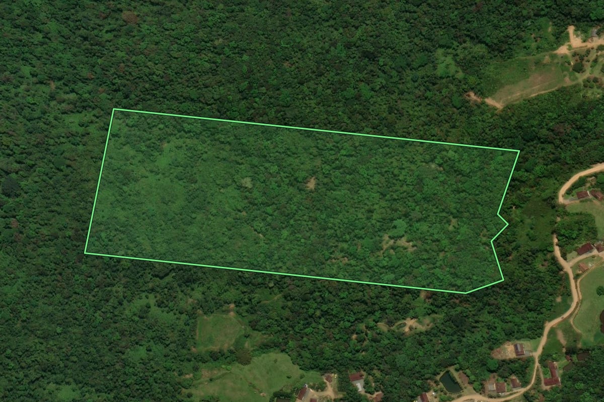 Imagem de satélite do imóvel rural em Jaraguá do Sul (SC), com o contorno declarado no CAR desenhado por cima.