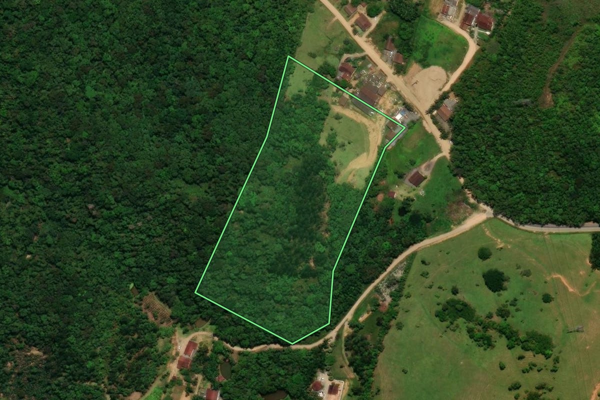 Imagem de satélite do imóvel rural em Jaraguá do Sul (SC), com o contorno declarado no CAR desenhado por cima.