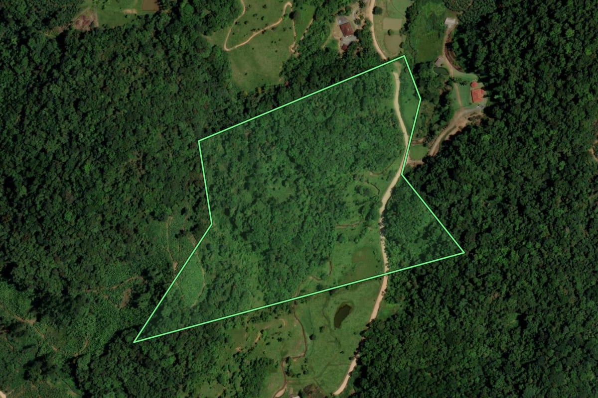 Imagem de satélite do imóvel rural em Jaraguá do Sul (SC), com o contorno declarado no CAR desenhado por cima.