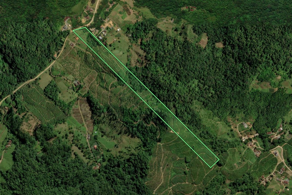 Imagem de satélite do imóvel rural em Jaraguá do Sul (SC), com o contorno declarado no CAR desenhado por cima.