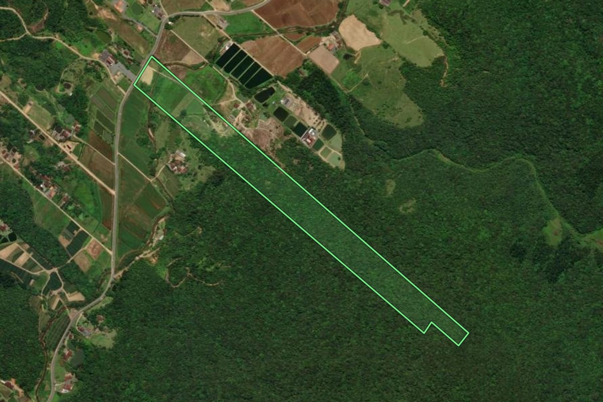 Imagem de satélite do imóvel rural em Jaraguá do Sul (SC), com o contorno declarado no CAR desenhado por cima.