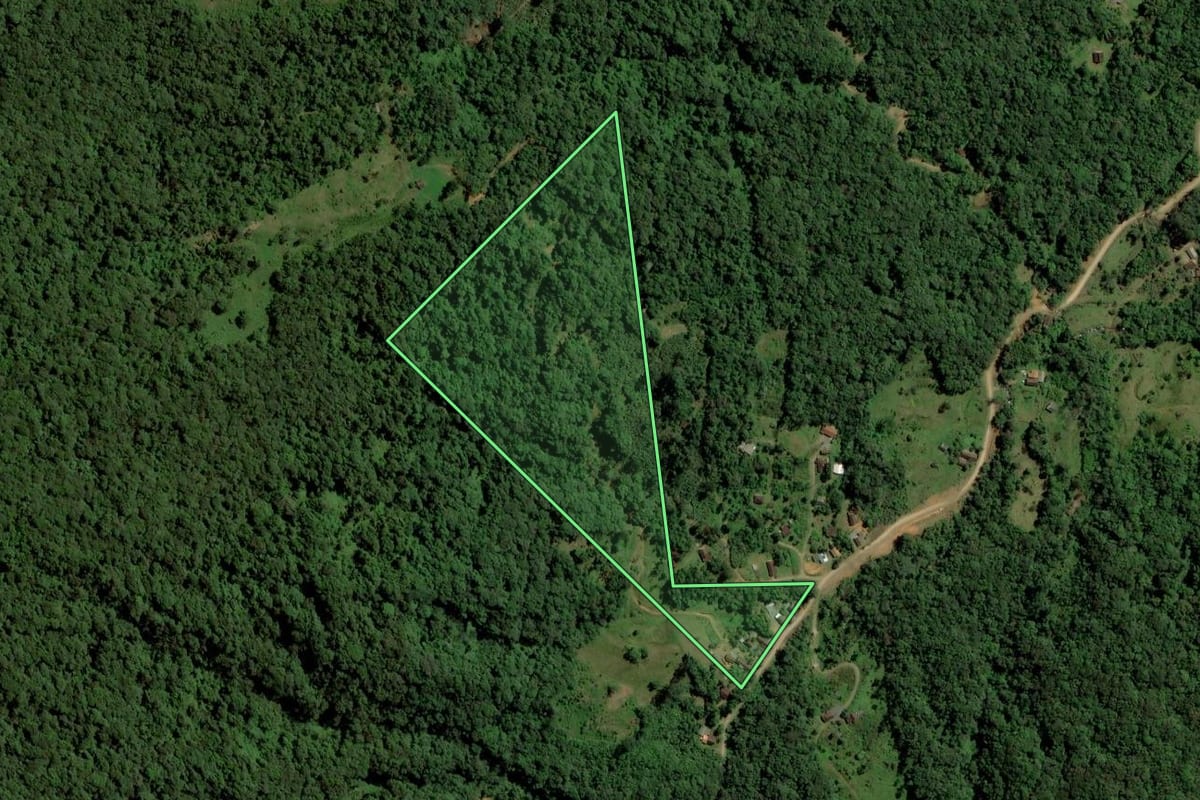 Imagem de satélite do imóvel rural em Jaraguá do Sul (SC), com o contorno declarado no CAR desenhado por cima.