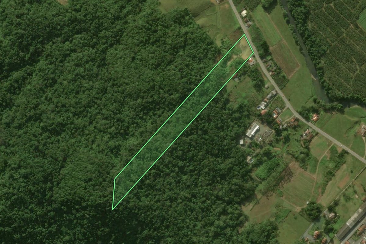 Imagem de satélite do imóvel rural em Jaraguá do Sul (SC), com o contorno declarado no CAR desenhado por cima.