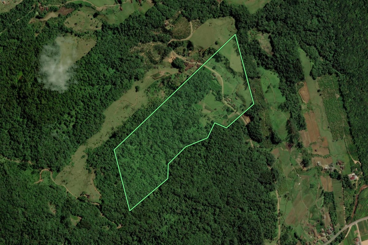 Imagem de satélite do imóvel rural em Jaraguá do Sul (SC), com o contorno declarado no CAR desenhado por cima.
