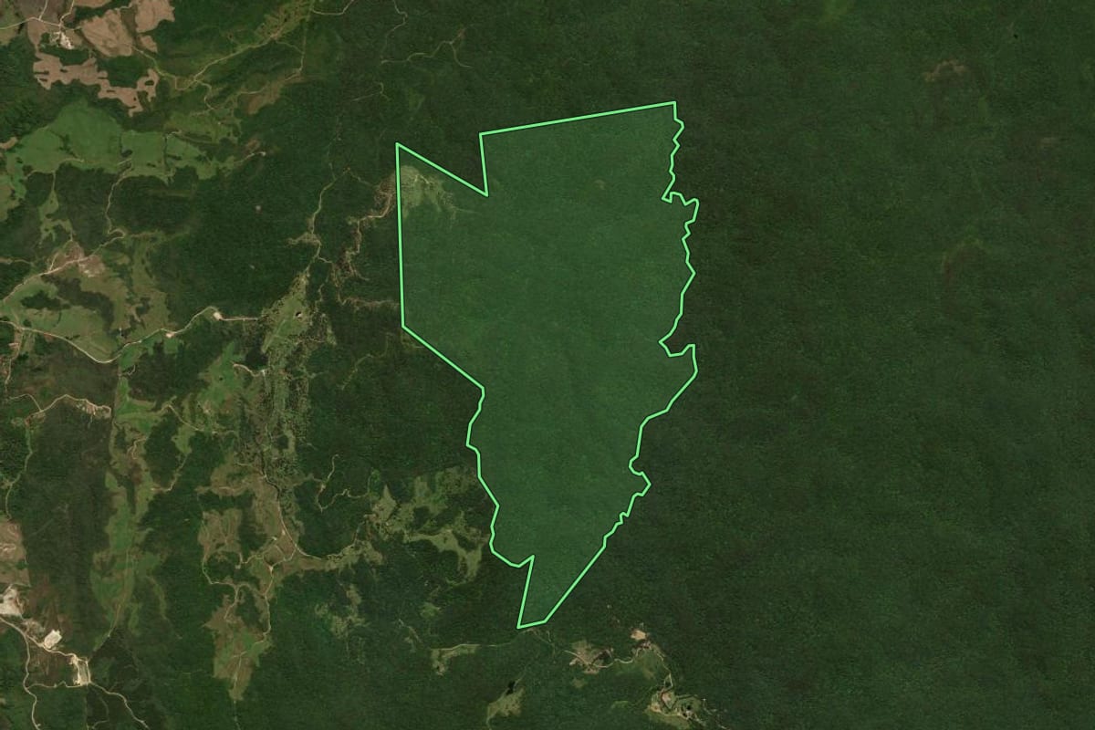 Imagem de satélite do imóvel rural em Jaraguá do Sul (SC), com o contorno declarado no CAR desenhado por cima.