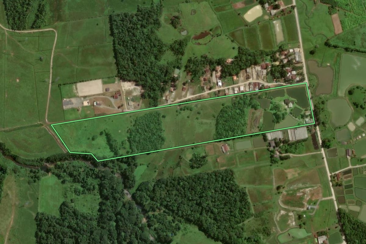 Imagem de satélite do imóvel rural em Joinville (SC), com o contorno declarado no CAR desenhado por cima.
