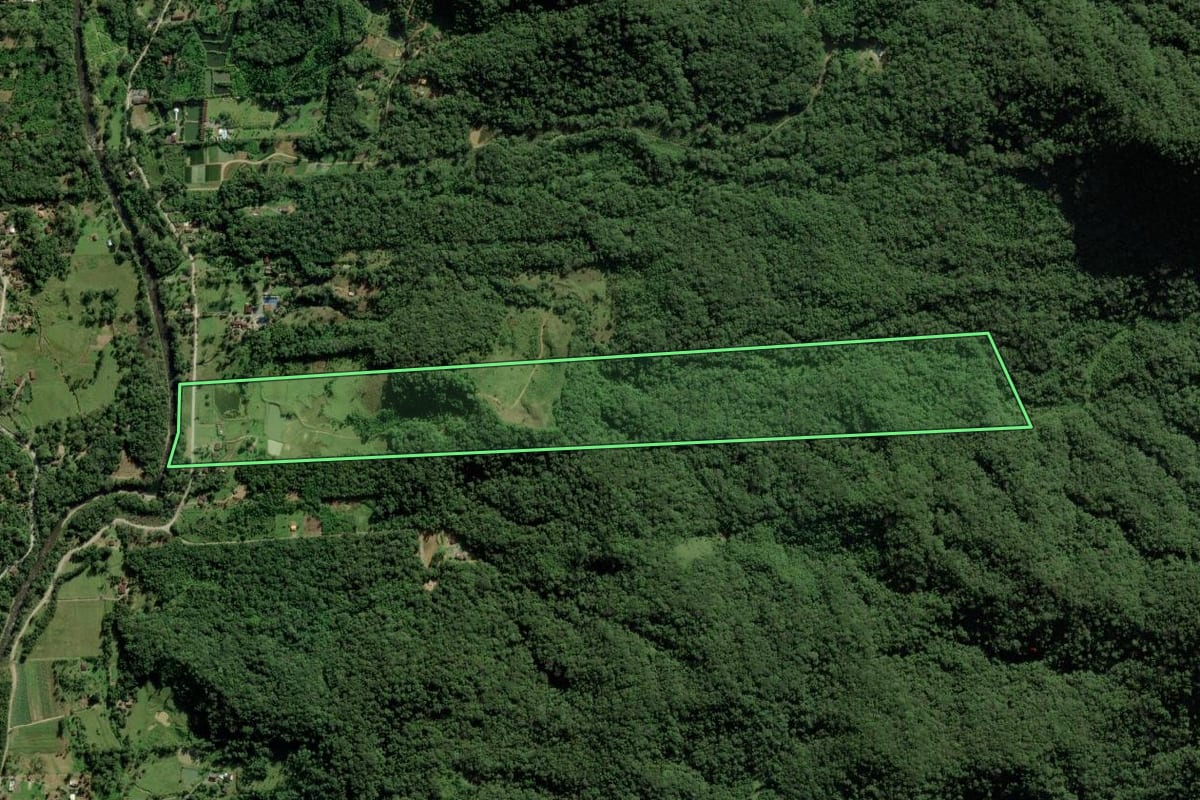 Imagem de satélite do imóvel rural em Joinville (SC), com o contorno declarado no CAR desenhado por cima.