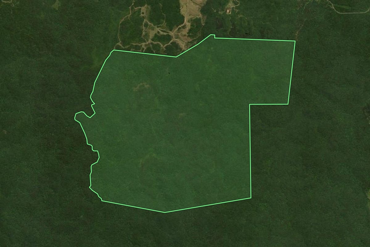 Imagem de satélite do imóvel rural em Joinville (SC), com o contorno declarado no CAR desenhado por cima.