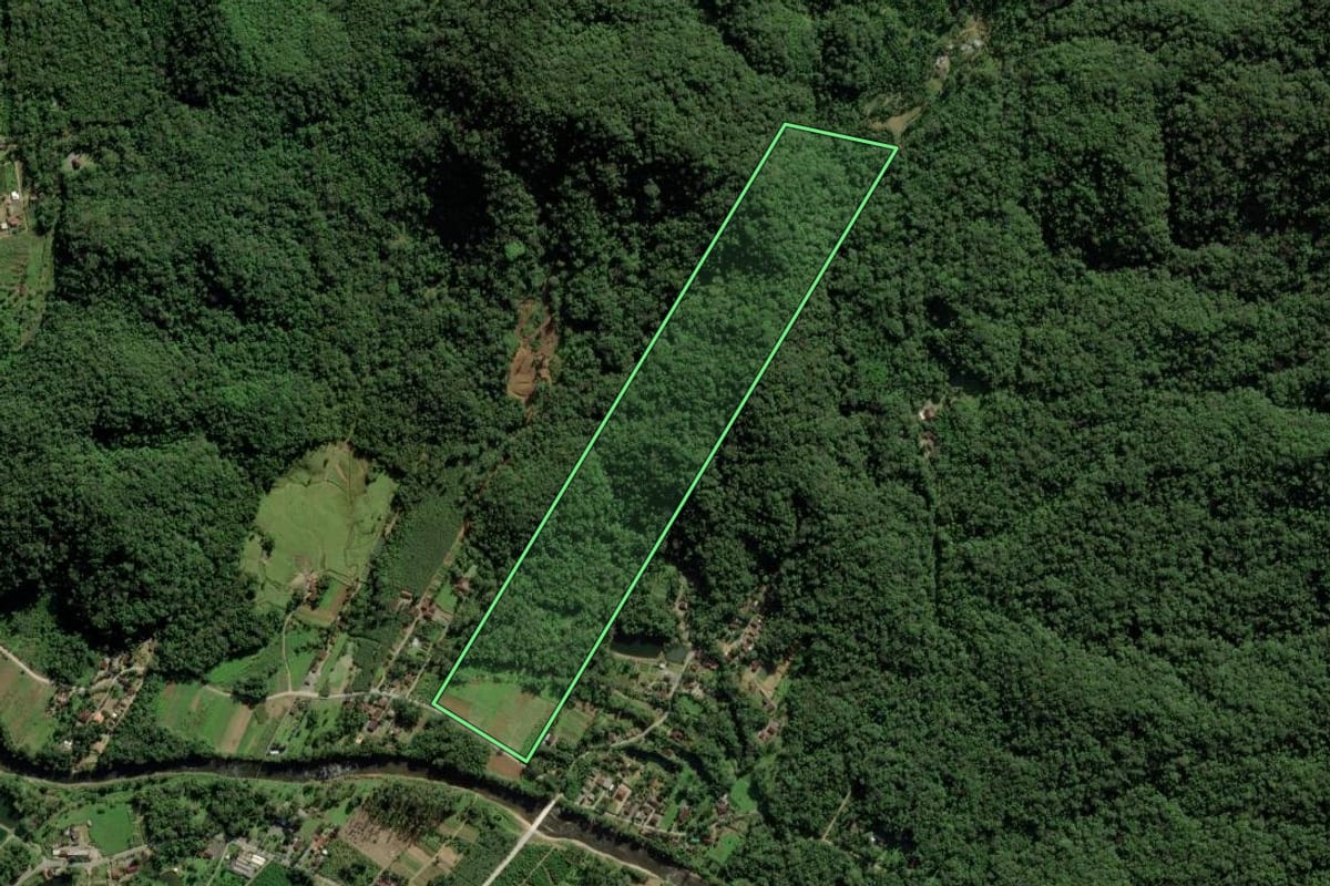 Imagem de satélite do imóvel rural em Joinville (SC), com o contorno declarado no CAR desenhado por cima.