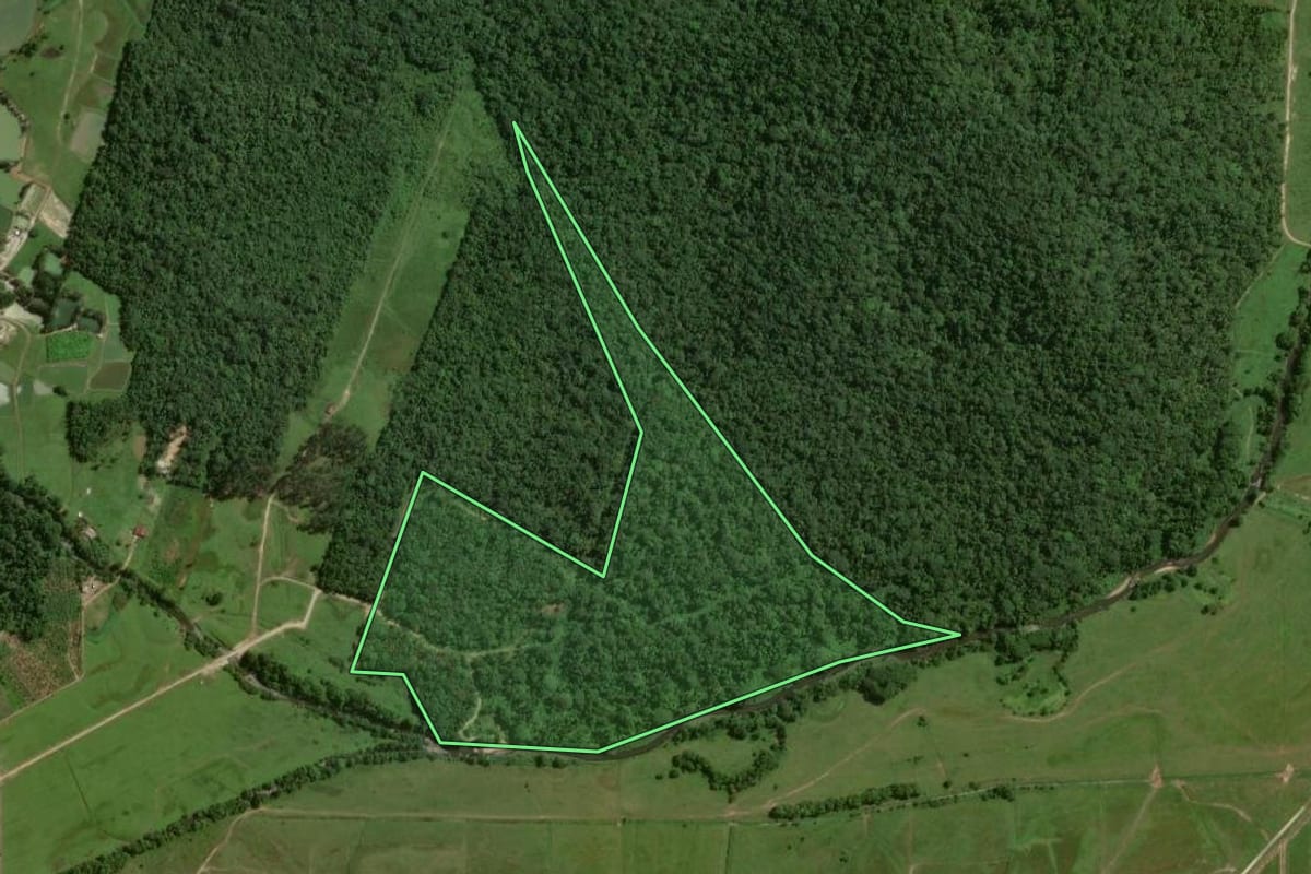 Imagem de satélite do imóvel rural em Joinville (SC), com o contorno declarado no CAR desenhado por cima.