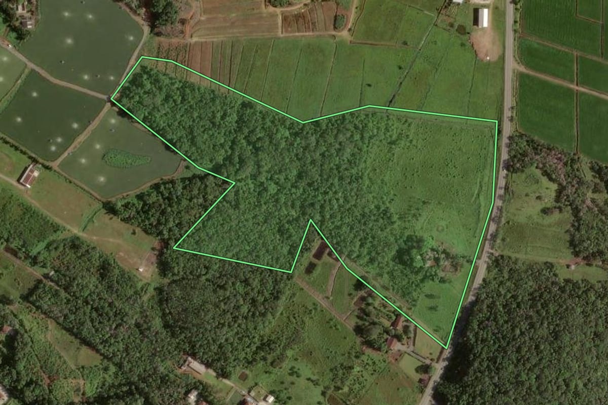 Imagem de satélite do imóvel rural em Joinville (SC), com o contorno declarado no CAR desenhado por cima.