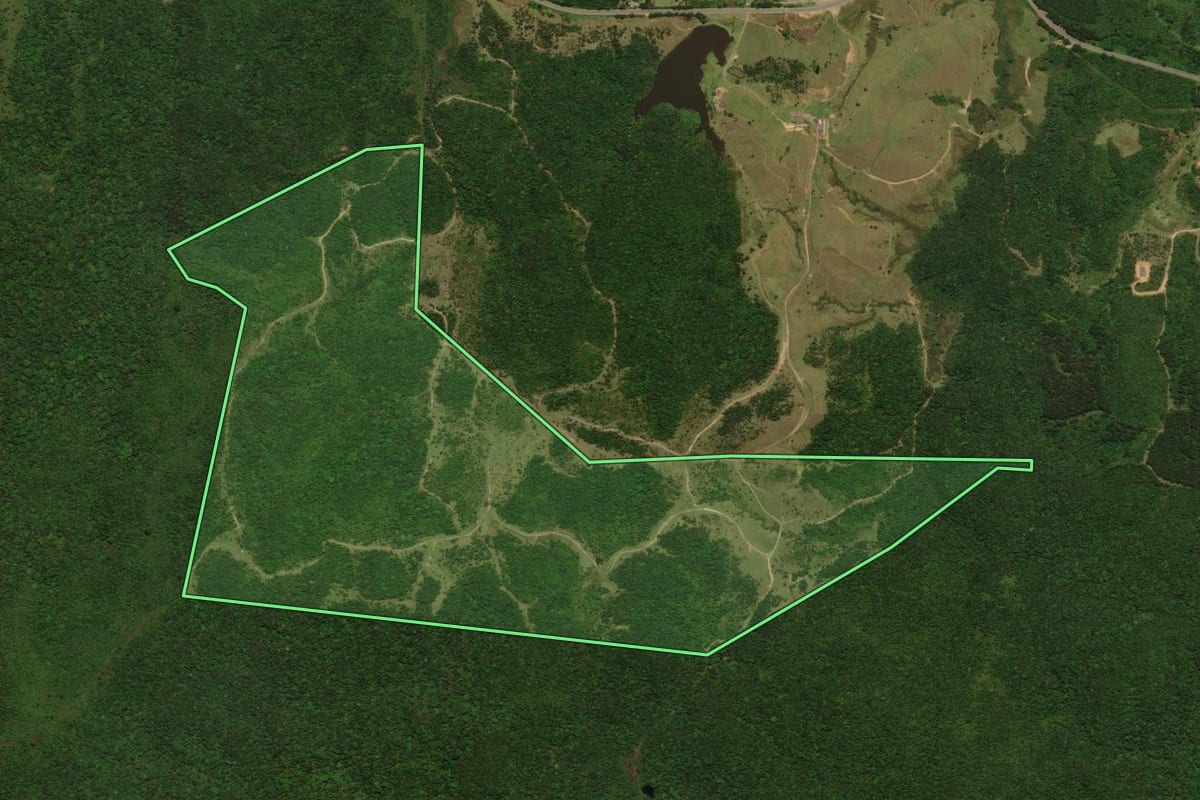 Imagem de satélite do imóvel rural em Joinville (SC), com o contorno declarado no CAR desenhado por cima.