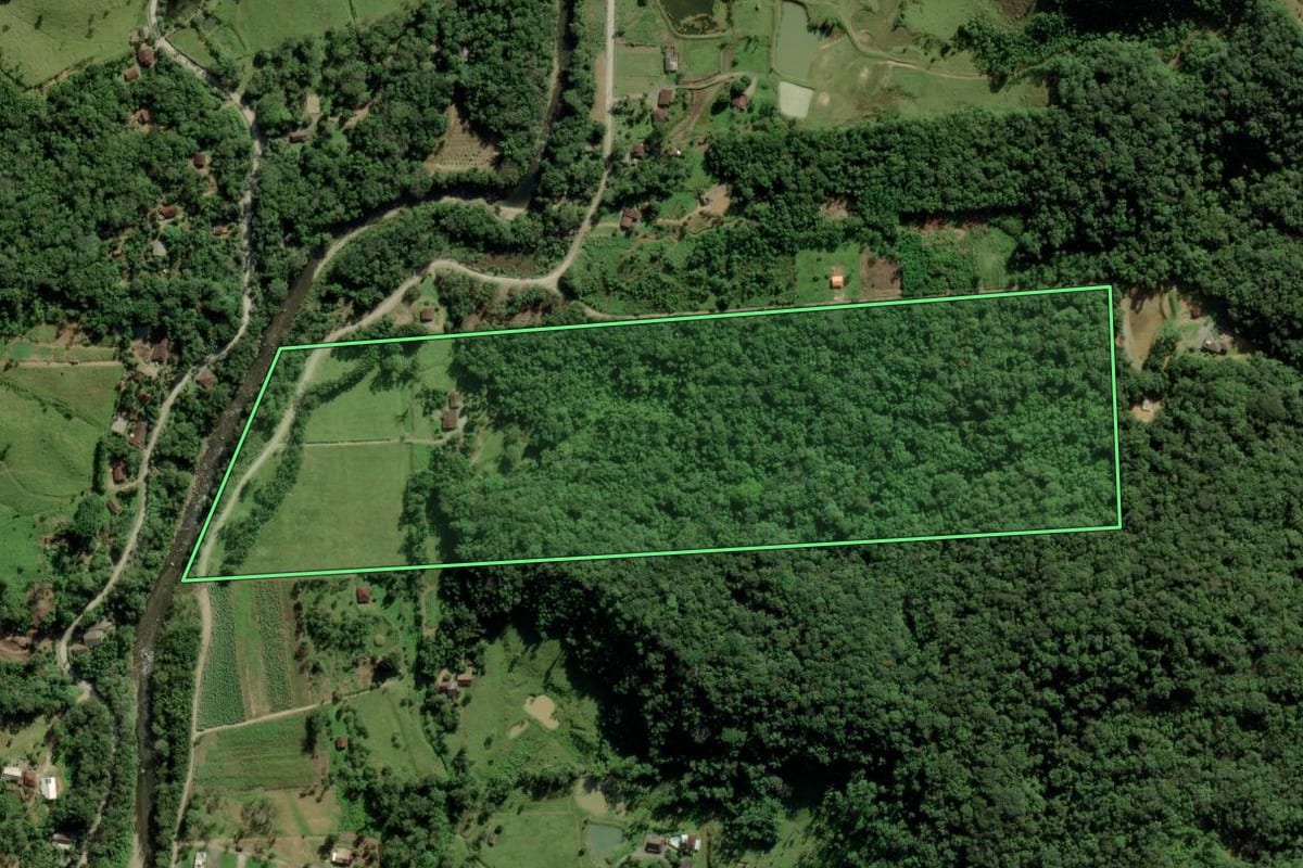 Imagem de satélite do imóvel rural em Joinville (SC), com o contorno declarado no CAR desenhado por cima.