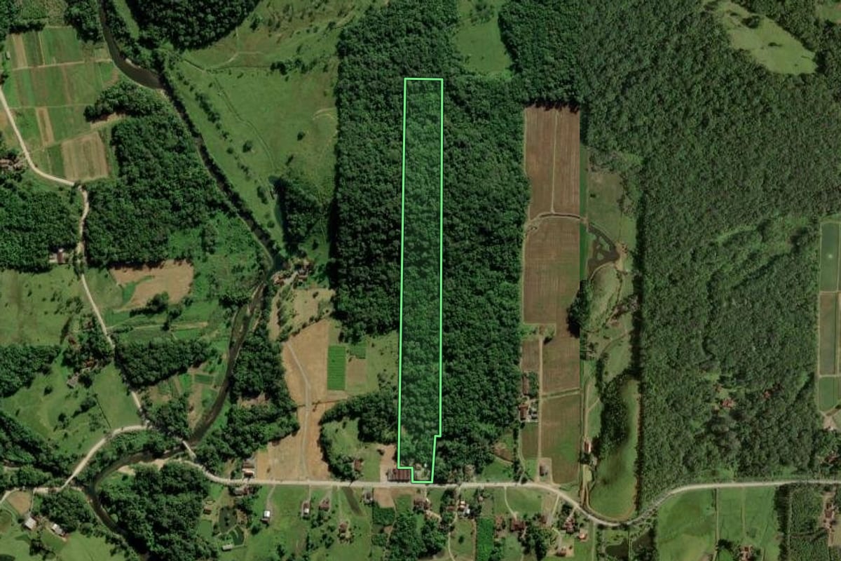 Imagem de satélite do imóvel rural em Joinville (SC), com o contorno declarado no CAR desenhado por cima.