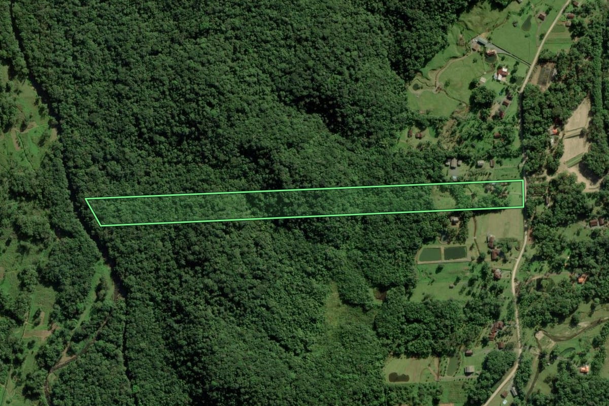 Imagem de satélite do imóvel rural em Joinville (SC), com o contorno declarado no CAR desenhado por cima.