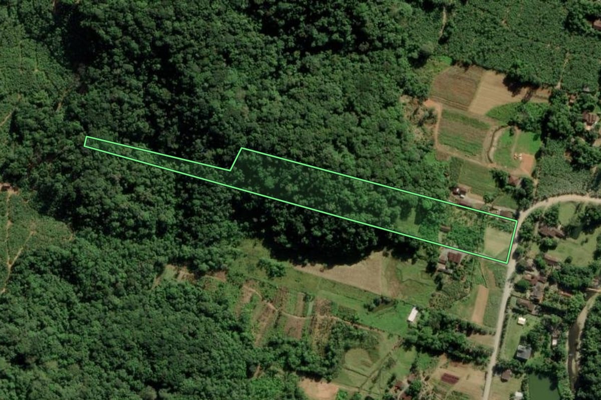Imagem de satélite do imóvel rural em Joinville (SC), com o contorno declarado no CAR desenhado por cima.