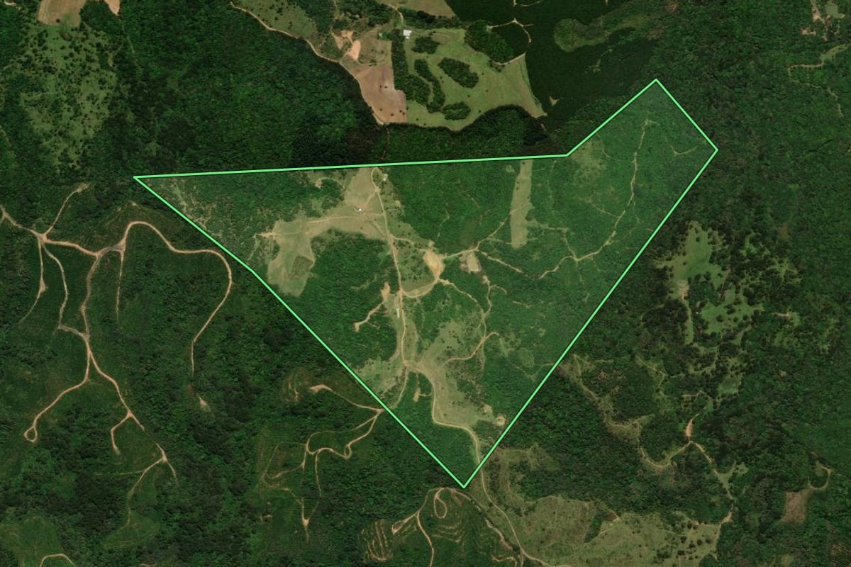Imagem de satélite do imóvel rural em Joinville (SC), com o contorno declarado no CAR desenhado por cima.