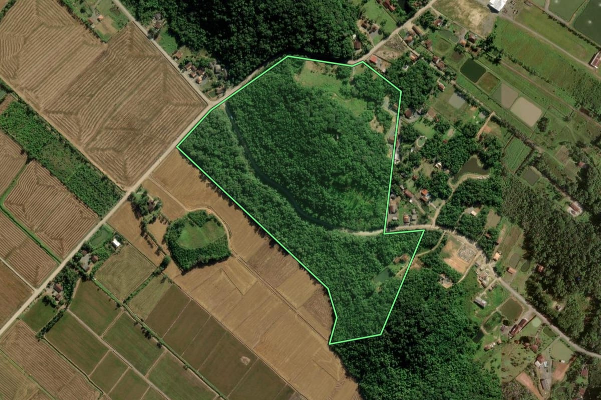 Imagem de satélite do imóvel rural em Joinville (SC), com o contorno declarado no CAR desenhado por cima.