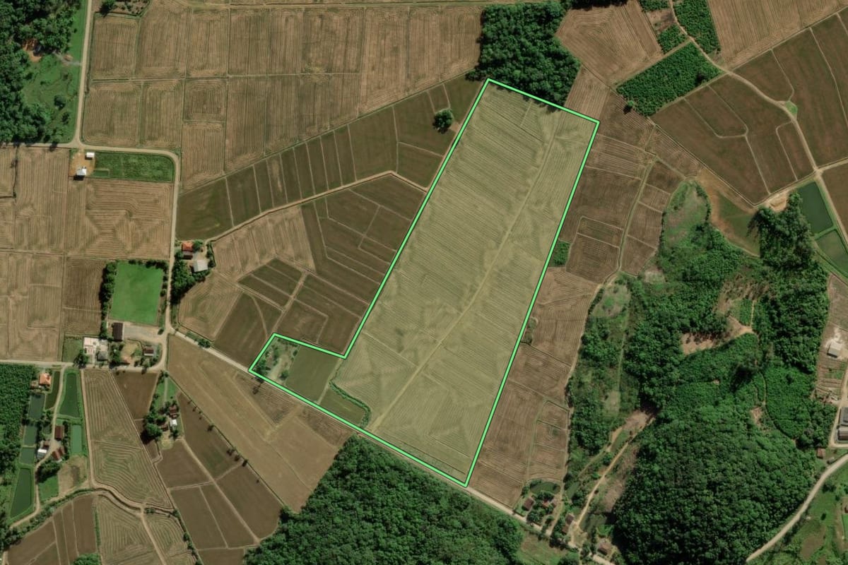 Imagem de satélite do imóvel rural em Joinville (SC), com o contorno declarado no CAR desenhado por cima.