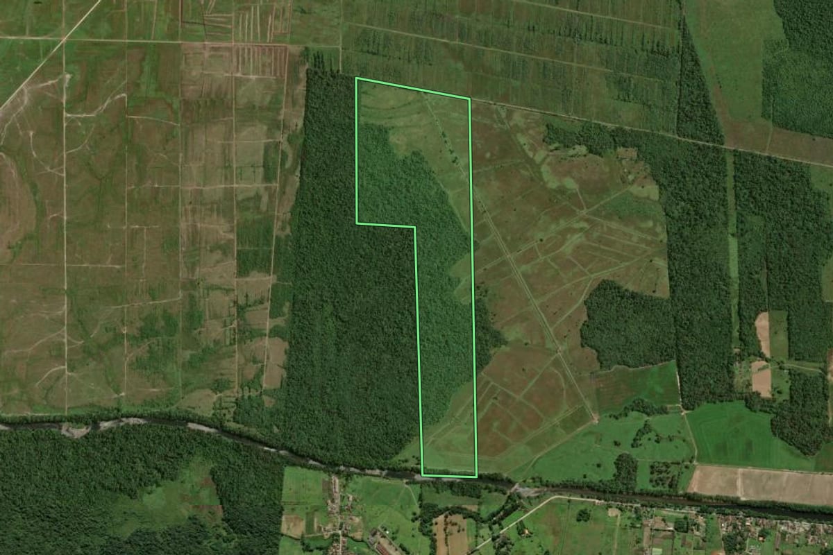 Imagem de satélite do imóvel rural em Joinville (SC), com o contorno declarado no CAR desenhado por cima.