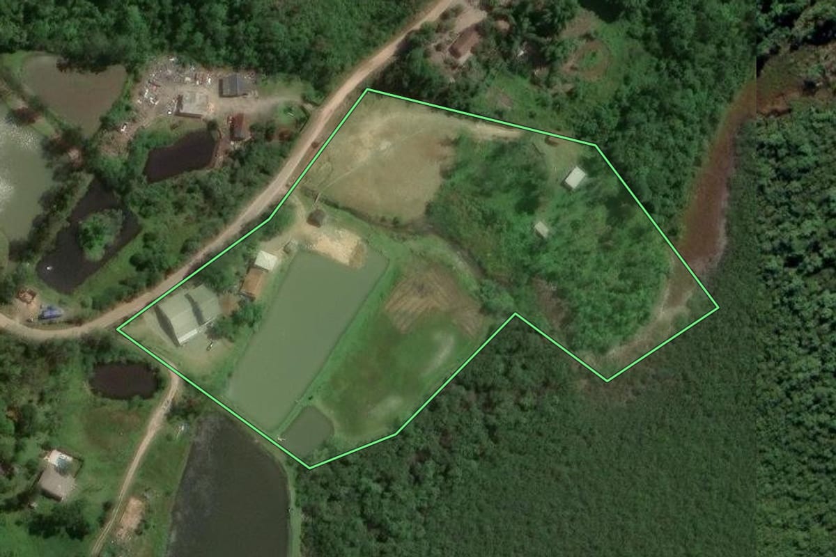 Imagem de satélite do imóvel rural em Joinville (SC), com o contorno declarado no CAR desenhado por cima.