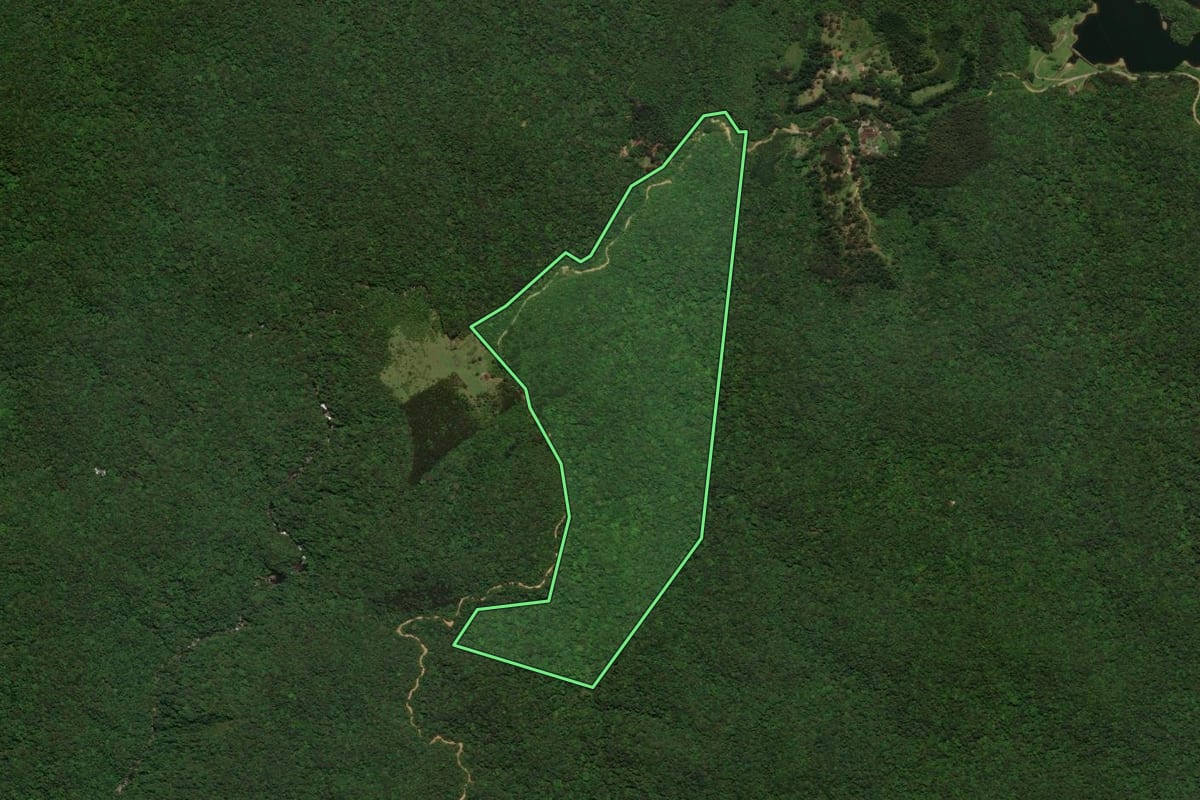 Imagem de satélite do imóvel rural em Joinville (SC), com o contorno declarado no CAR desenhado por cima.