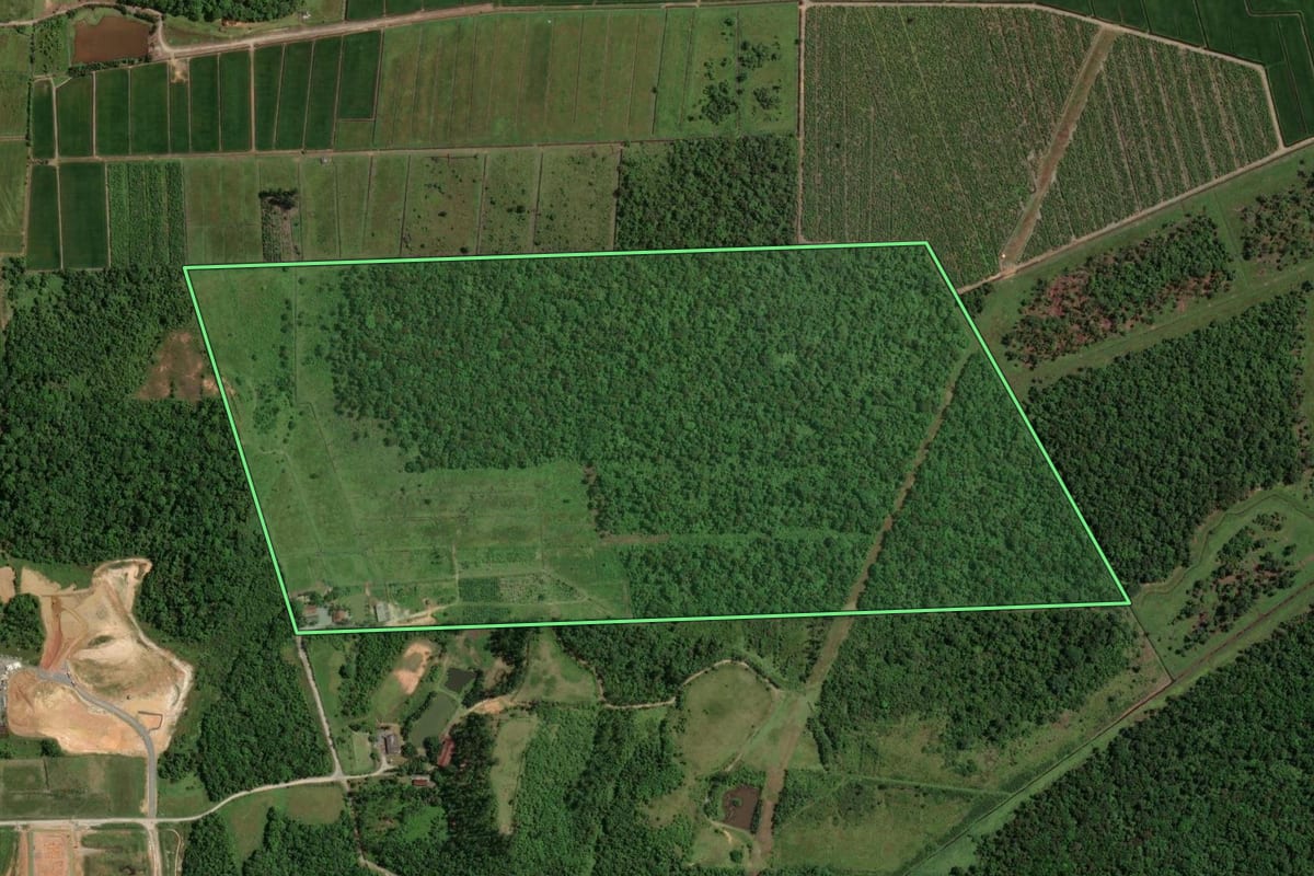 Imagem de satélite do imóvel rural em Joinville (SC), com o contorno declarado no CAR desenhado por cima.