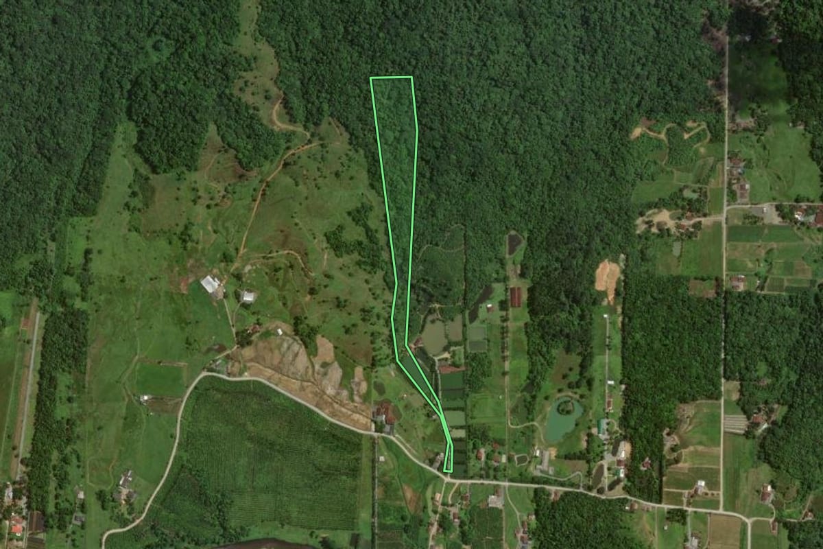 Imagem de satélite do imóvel rural em Joinville (SC), com o contorno declarado no CAR desenhado por cima.