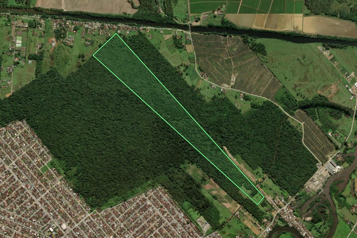 Imagem de satélite do imóvel rural em Joinville (SC), com o contorno declarado no CAR desenhado por cima.