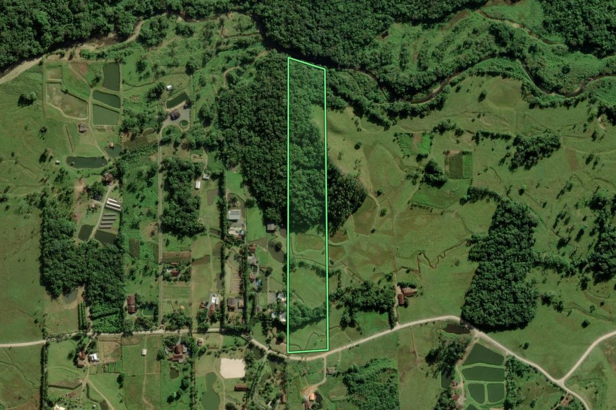Imagem de satélite do imóvel rural em Joinville (SC), com o contorno declarado no CAR desenhado por cima.