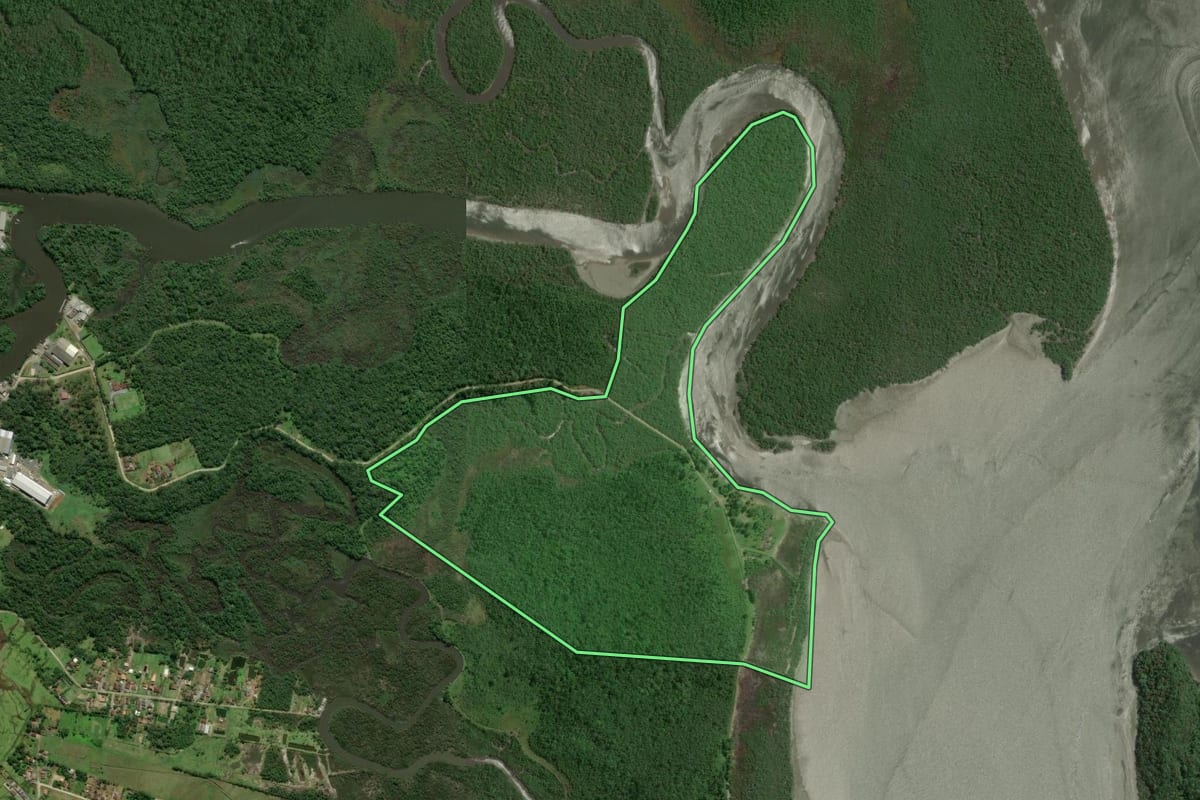 Imagem de satélite do imóvel rural em Joinville (SC), com o contorno declarado no CAR desenhado por cima.