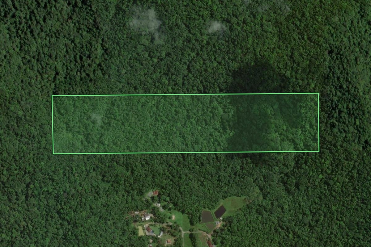 Imagem de satélite do imóvel rural em Joinville (SC), com o contorno declarado no CAR desenhado por cima.
