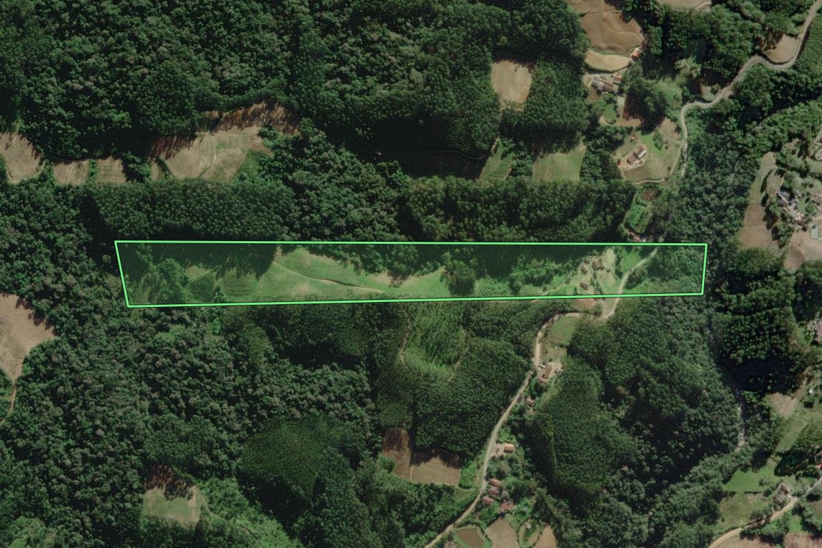 Imagem de satélite do imóvel rural em José Boiteux (SC), com o contorno declarado no CAR desenhado por cima.