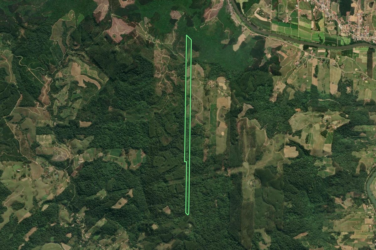 Imagem de satélite do imóvel rural em José Boiteux (SC), com o contorno declarado no CAR desenhado por cima.