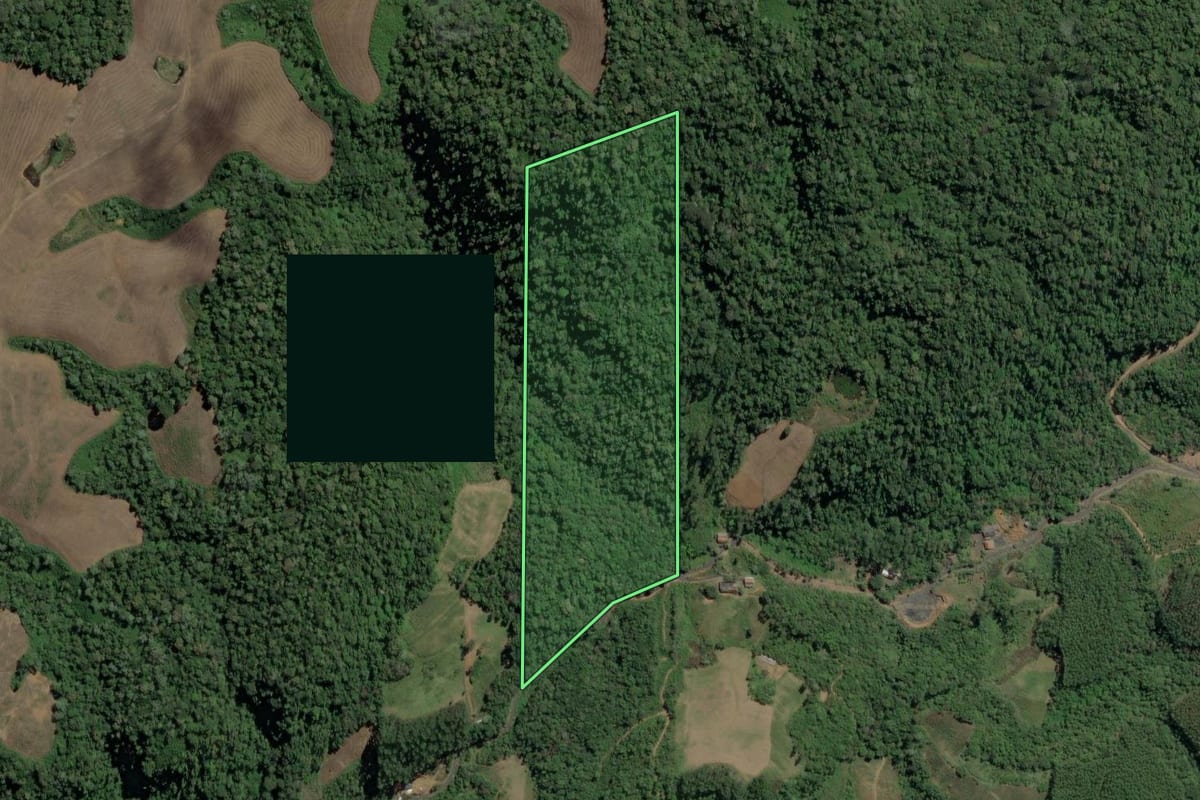 Imagem de satélite do imóvel rural em José Boiteux (SC), com o contorno declarado no CAR desenhado por cima.