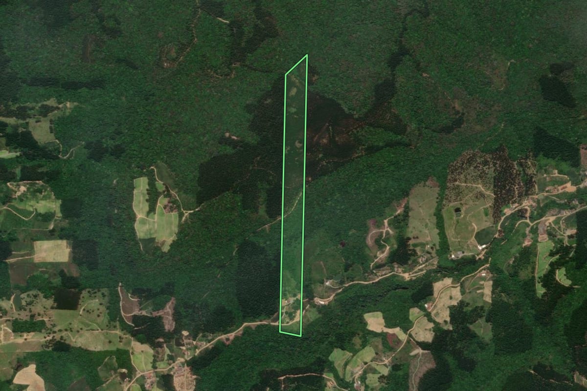 Imagem de satélite do imóvel rural em José Boiteux (SC), com o contorno declarado no CAR desenhado por cima.