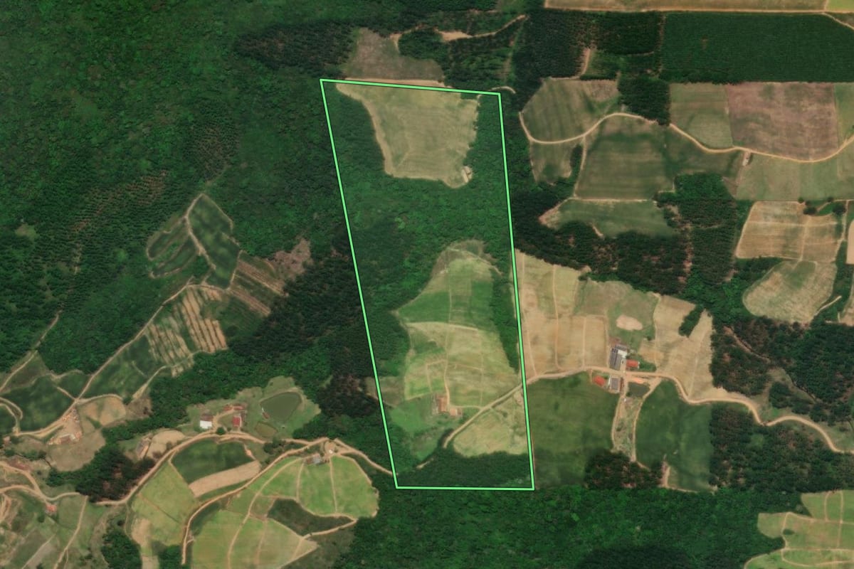 Imagem de satélite do imóvel rural em José Boiteux (SC), com o contorno declarado no CAR desenhado por cima.